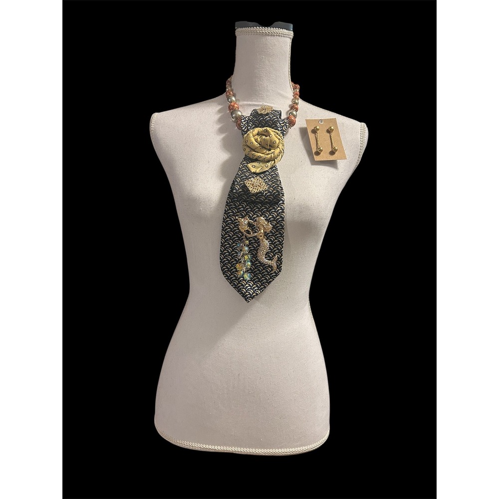 Tommy Hilfiger Upcycled Silk Tie Statement Necklace Mermaid Brooch Earring Set - Picture 10 of 10